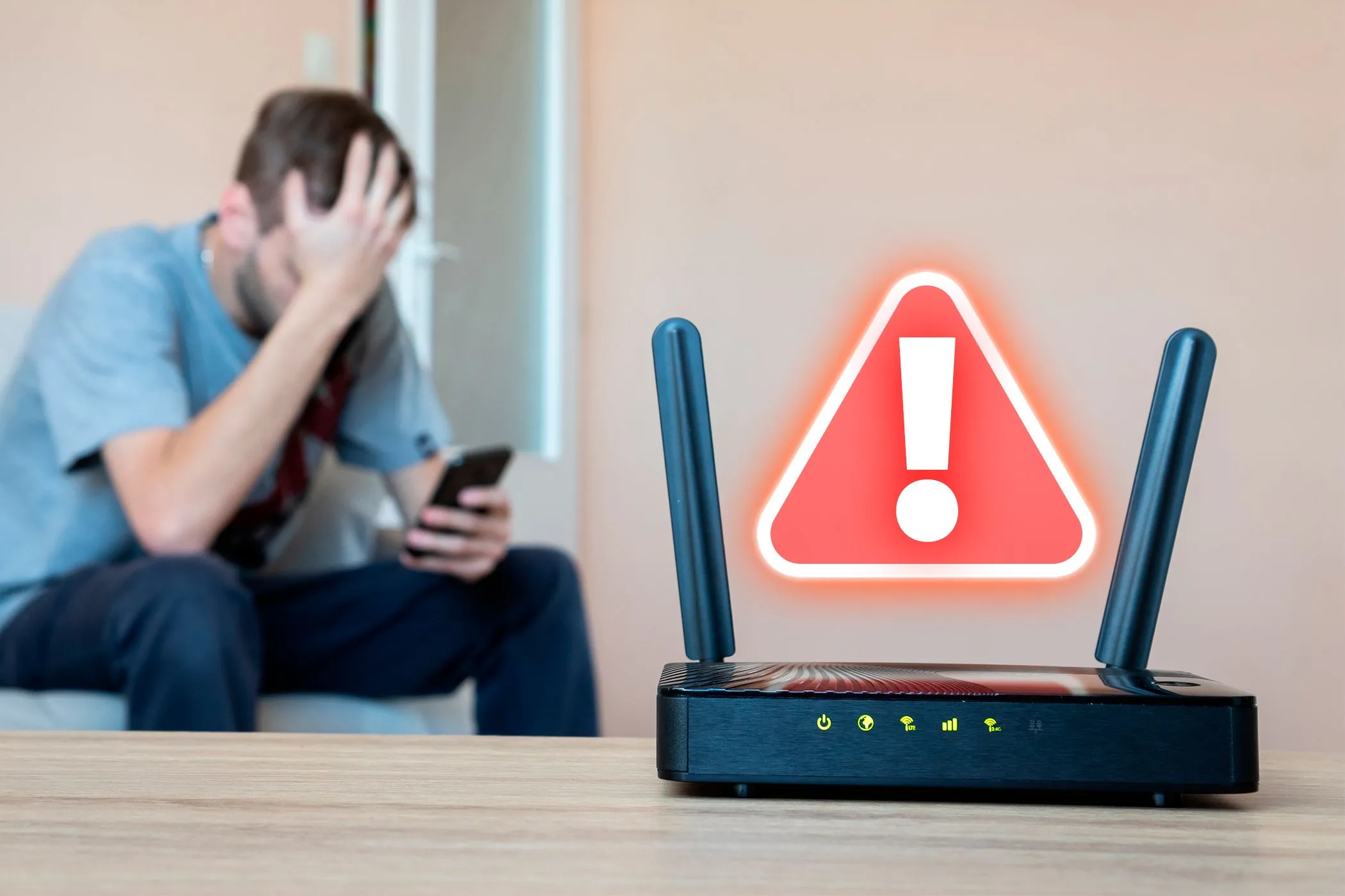Một chiếc router với biểu tượng cảnh báo và hình ảnh người dùng lo lắng phía sau, tượng trưng cho nguy cơ bảo mật từ thiết bị cũ.