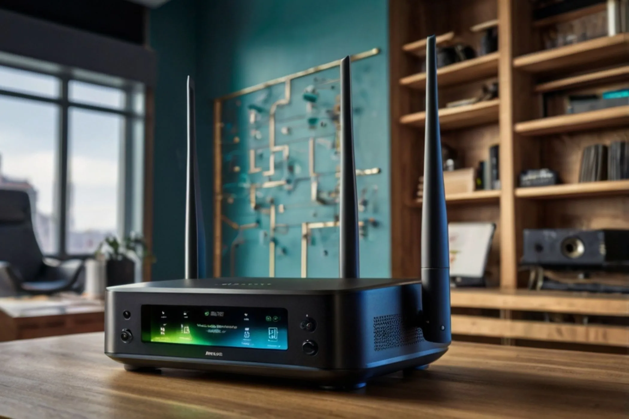 Một chiếc router Wi-Fi hiện đại đặt trên bàn làm việc, thể hiện sự cần thiết của việc nâng cấp thiết bị để đảm bảo an toàn mạng.