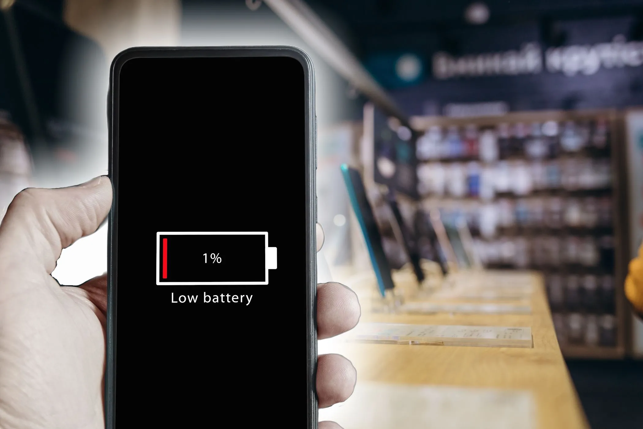 Một chiếc smartphone hiển thị thông báo pin yếu trong cửa hàng, minh họa nỗi lo về pin cạn và lợi ích của sạc nhanh.