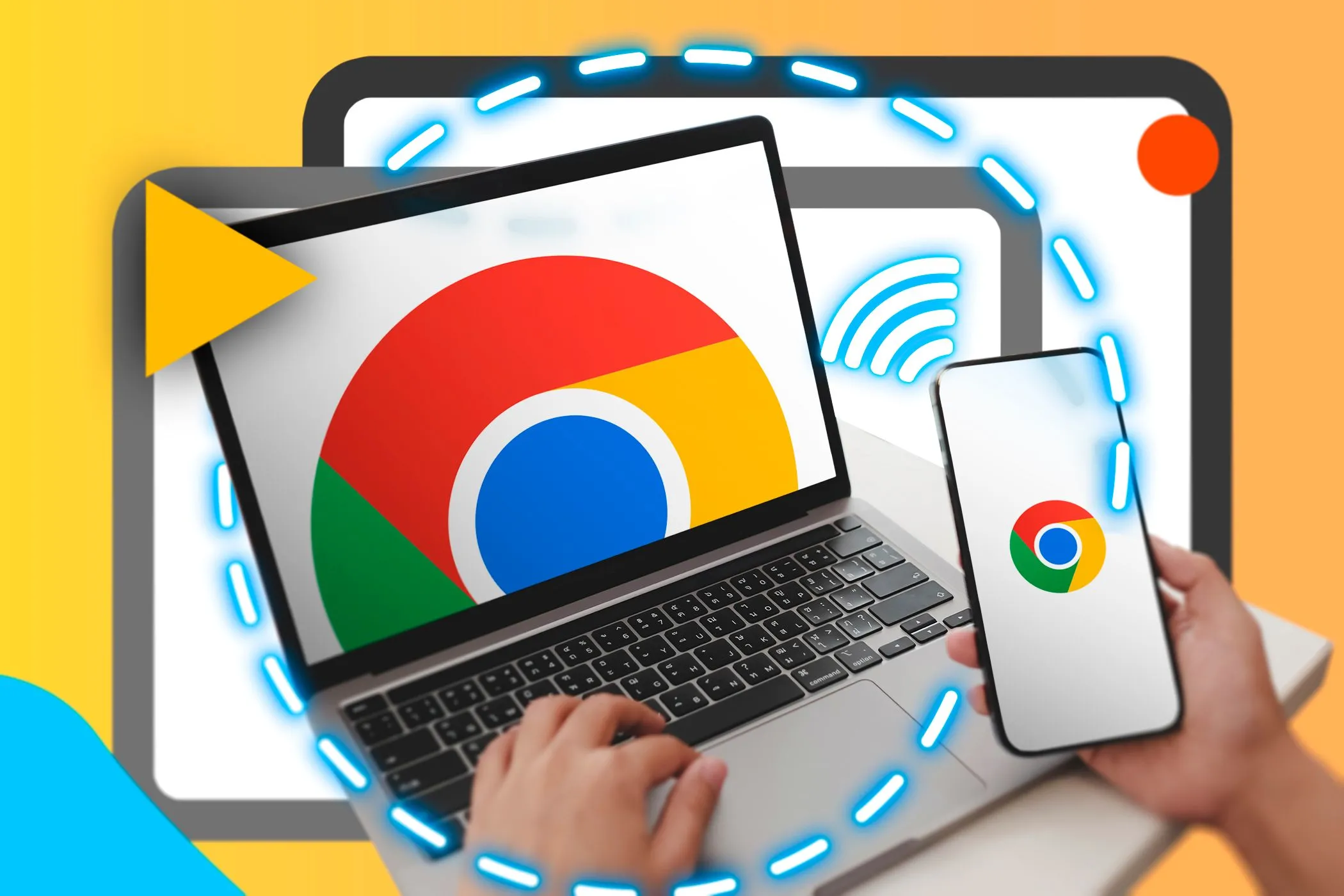 Một người dùng đang cầm điện thoại thông minh bên cạnh laptop, cả hai đều hiển thị logo Google Chrome, biểu thị khả năng đồng bộ đa nền tảng.