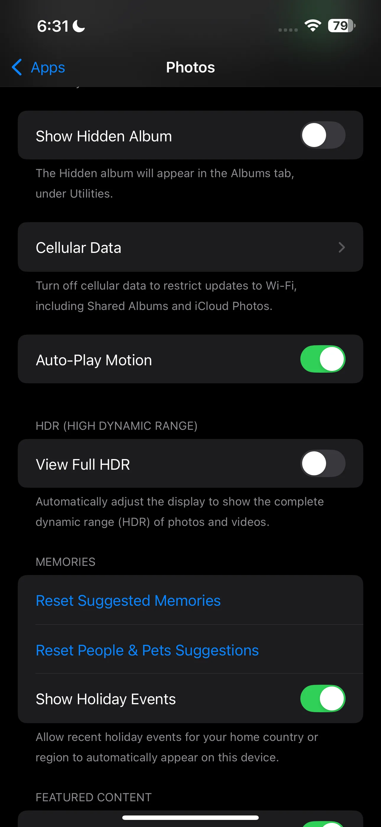 Mục cài đặt ứng dụng Ảnh trong Cài đặt iPhone, tùy chọn hiển thị Album Ẩn.
