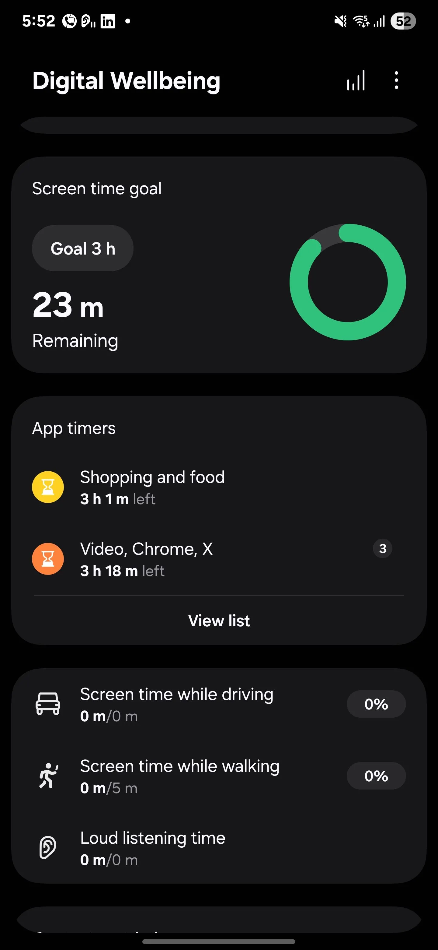 Mục tiêu thời gian sử dụng màn hình hàng ngày và vòng tròn tiến độ trong Samsung Digital Wellbeing.