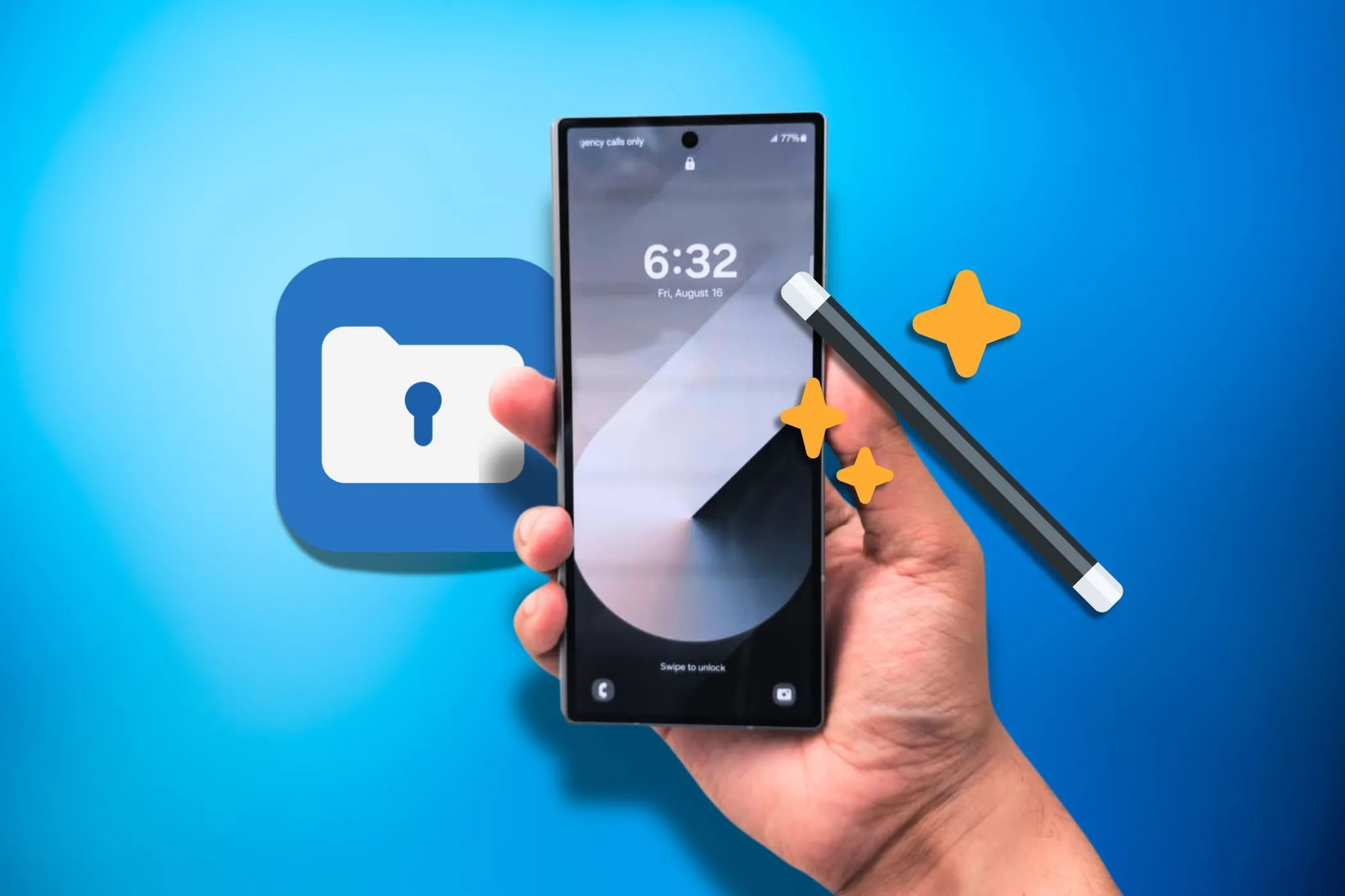 Người dùng đang cầm điện thoại Samsung với màn hình hiển thị biểu tượng Thư mục Bảo mật Secure Folder và biểu tượng tạo story tự động