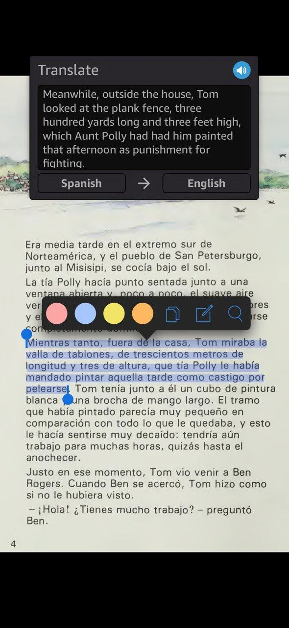 Người dùng đang tra từ điển tiếng Tây Ban Nha trên Kindle, hiển thị tính năng highlight và công cụ dịch thuật tích hợp.