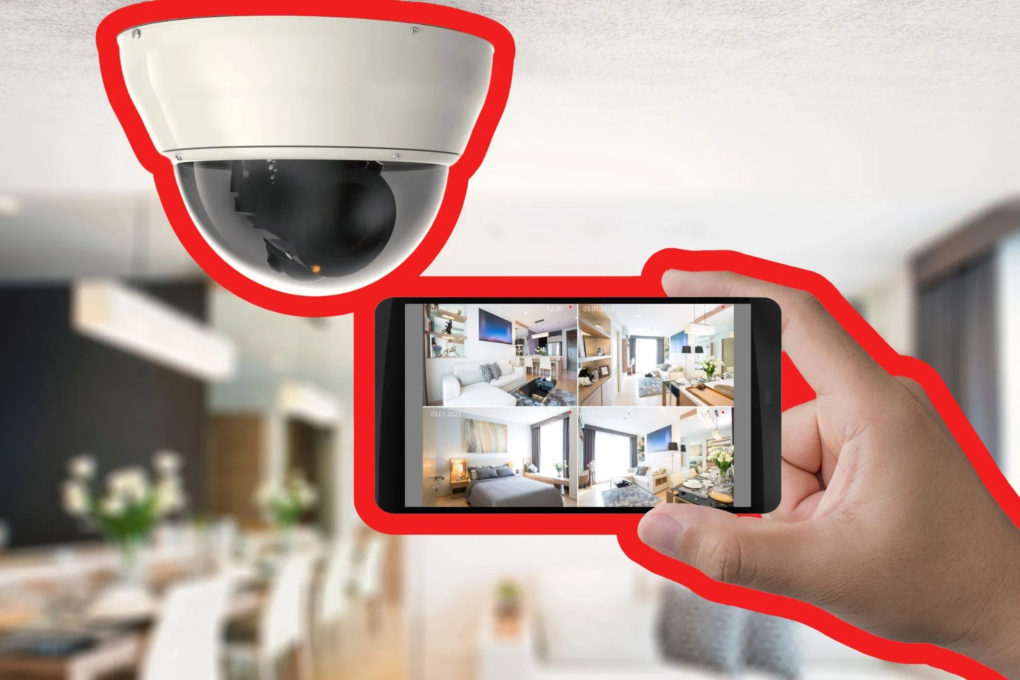 Người dùng đang xem nguồn cấp dữ liệu video từ camera an ninh thông minh trên điện thoại, nhấn mạnh tính năng giám sát và bảo vệ nhà cửa.