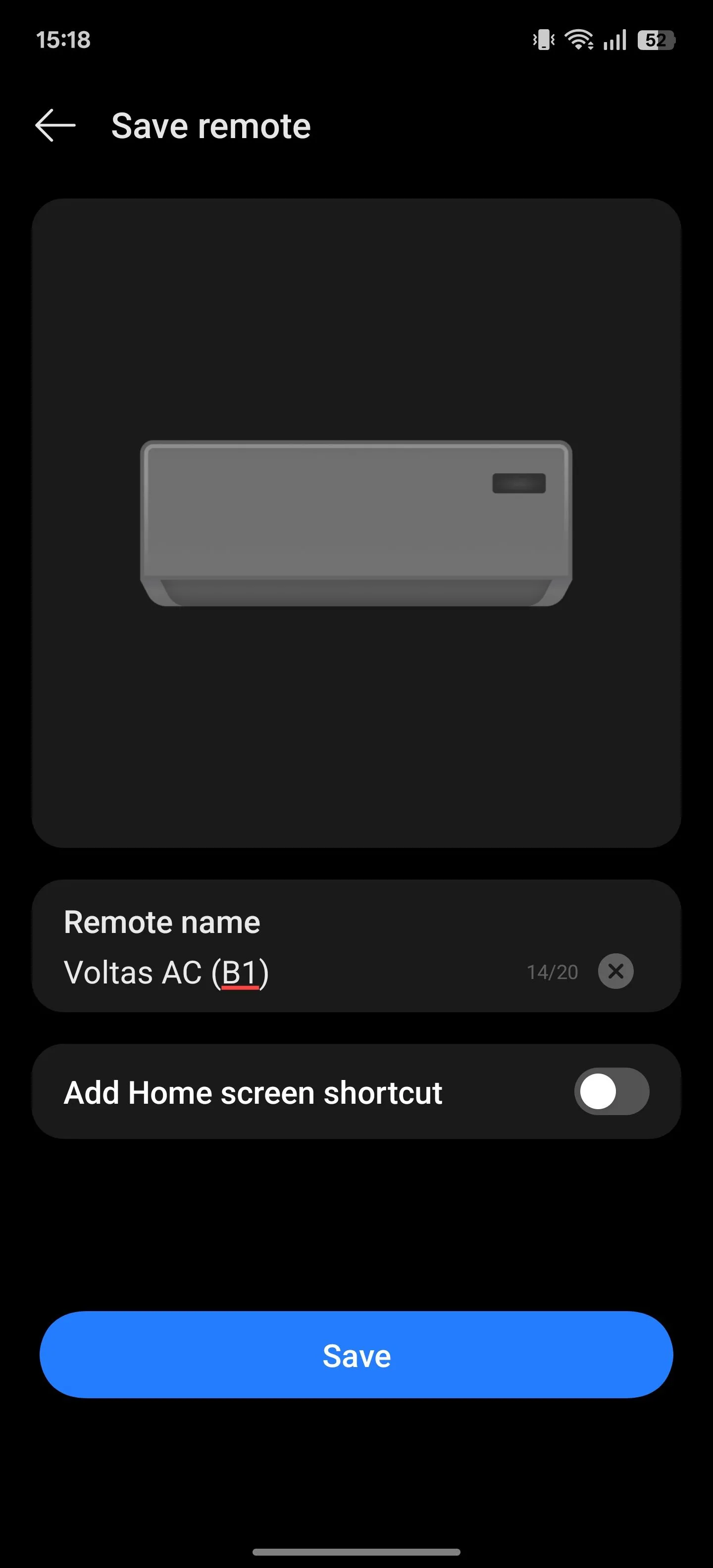 Nhập tên cho bộ điều khiển từ xa trong màn hình Lưu điều khiển trên ứng dụng IR Remote