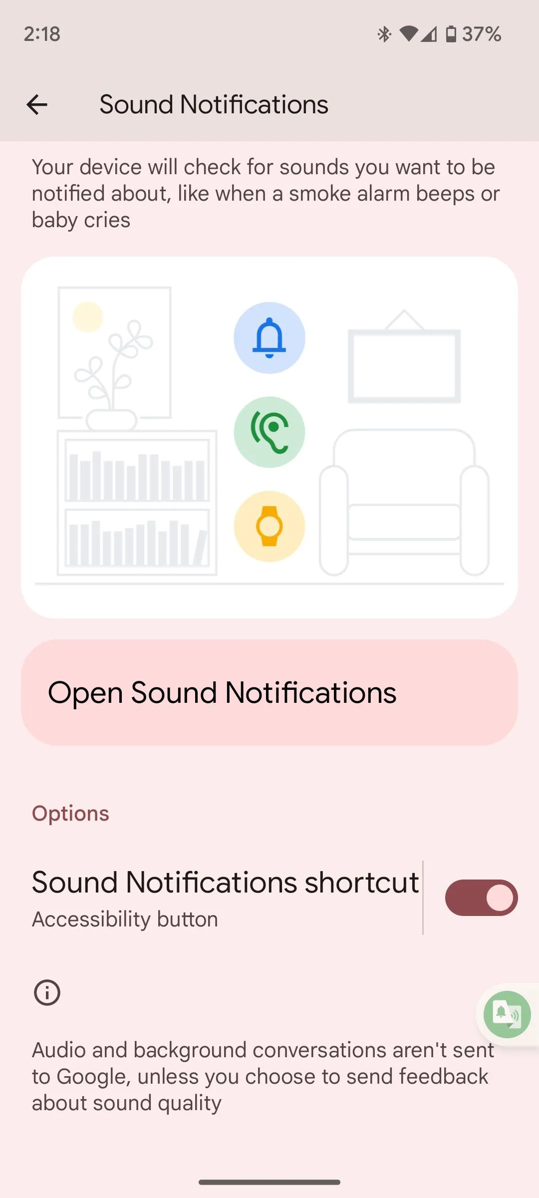 Nút bật tính năng &quot;Thông báo âm thanh&quot; trong phần cài đặt trợ năng trên điện thoại Android, cho phép phát hiện các âm thanh quan trọng.