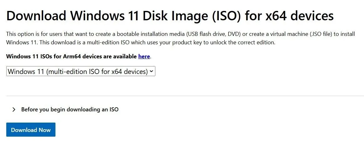 Nút tải xuống file ISO Windows 11 trên trang Microsoft