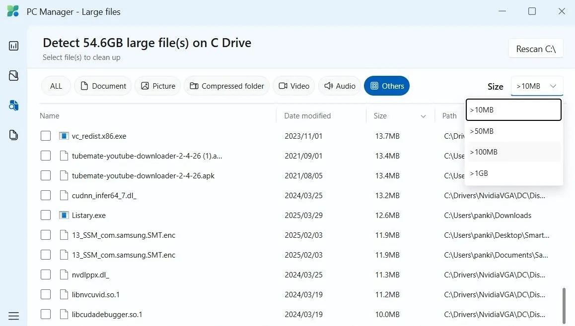 PC Manager hiển thị danh sách các tệp tin lớn trên máy tính