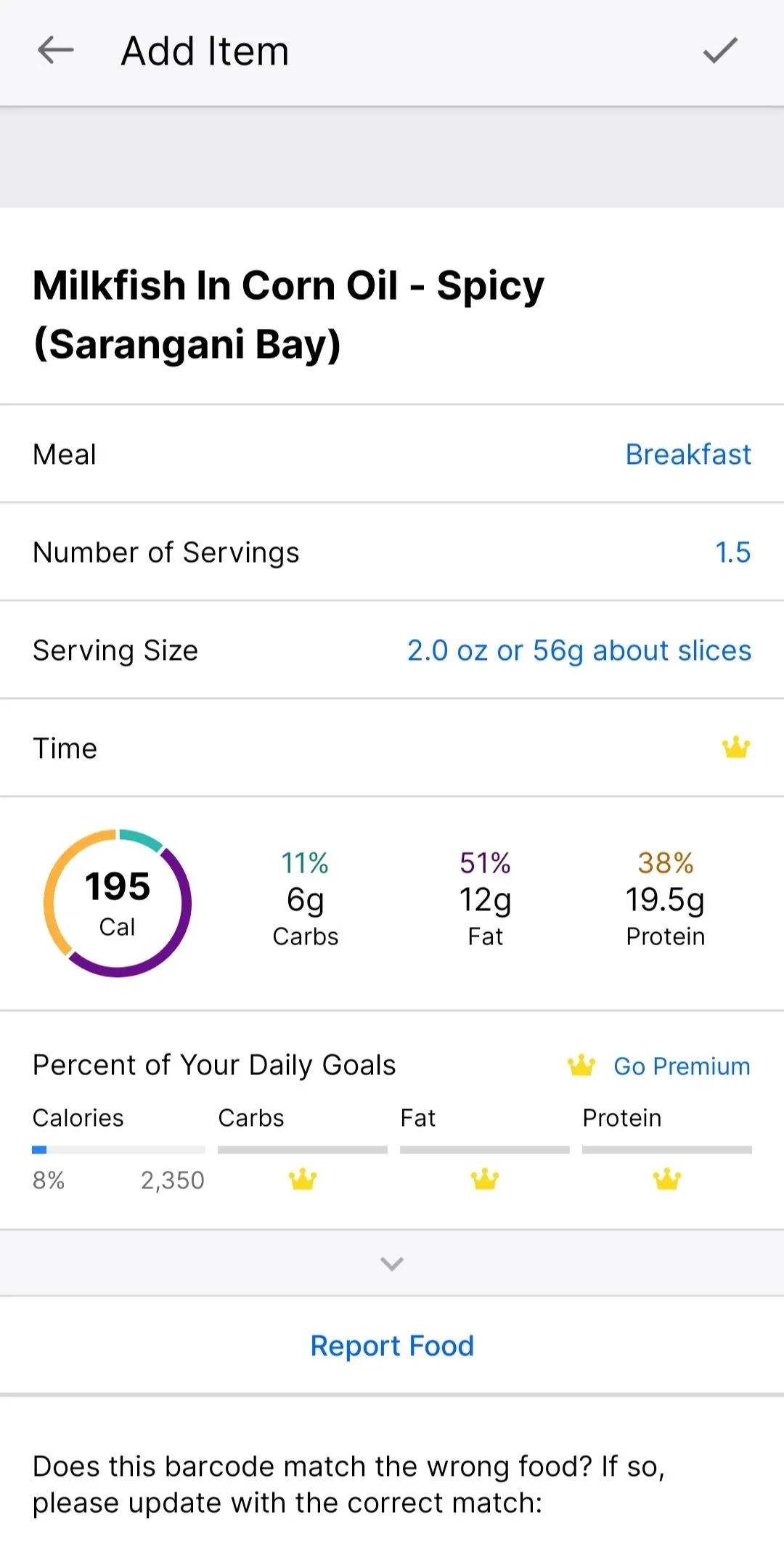Phân tích chi tiết macro dinh dưỡng và khẩu phần của cá đối trong MyFitnessPal