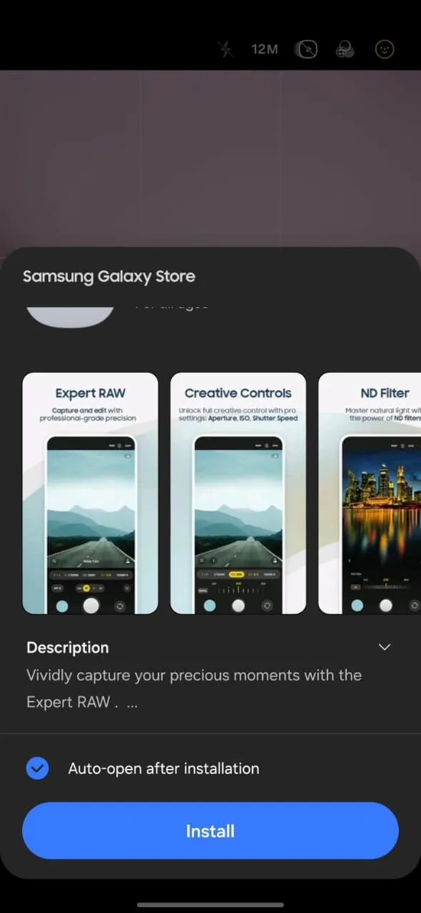 Quá trình tải và cài đặt ứng dụng Expert RAW từ Galaxy Store trên điện thoại Samsung.