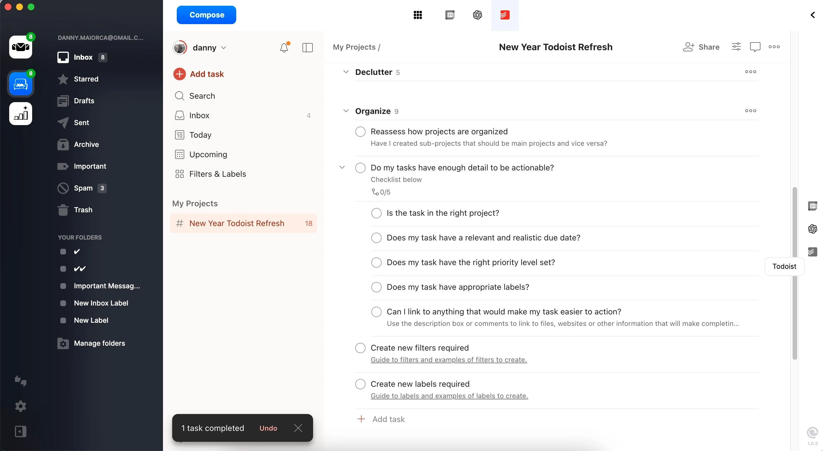 Quản lý các nhiệm vụ trong ứng dụng Todoist, hiển thị giao diện tối ưu cho năng suất cá nhân