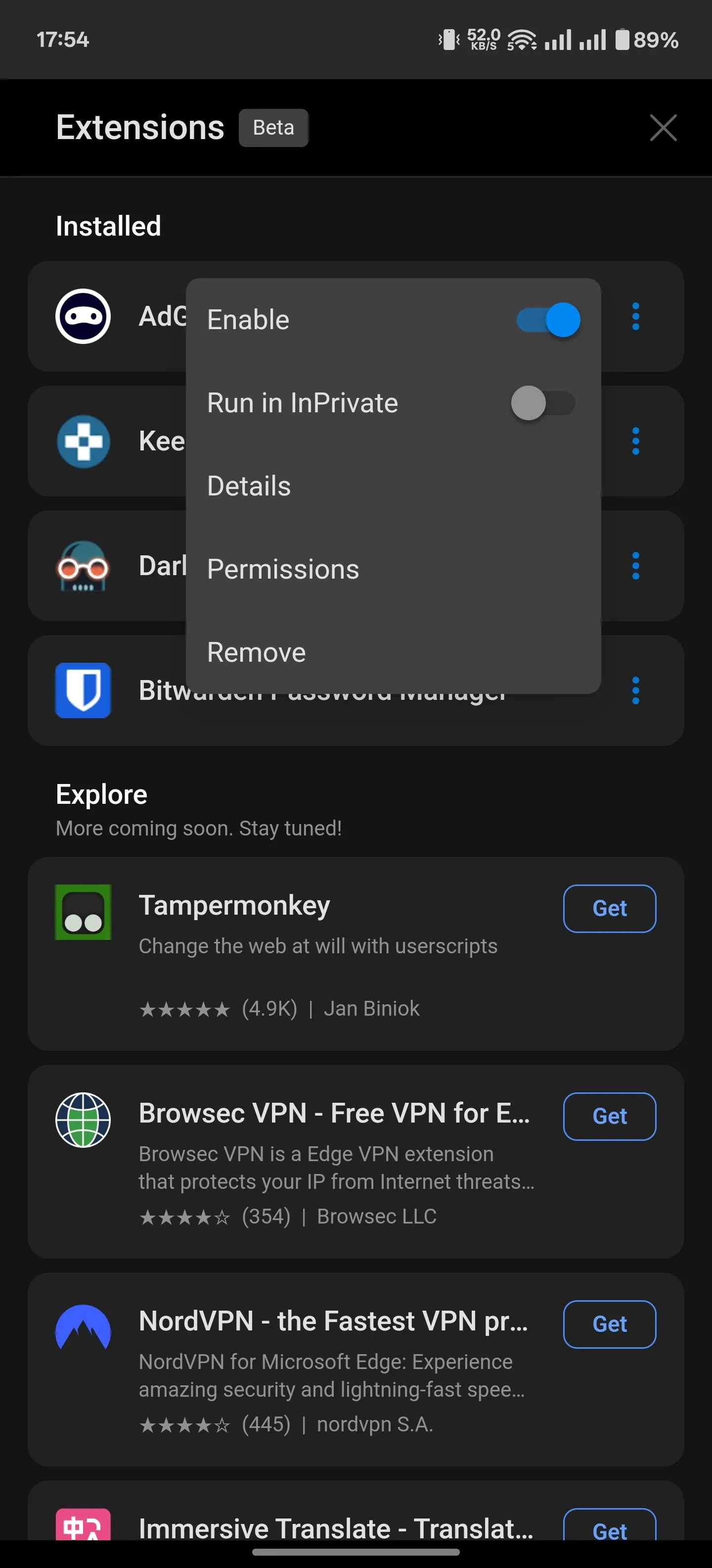 Quản lý các tùy chọn của tiện ích mở rộng đã cài đặt trên trình duyệt Edge Android.