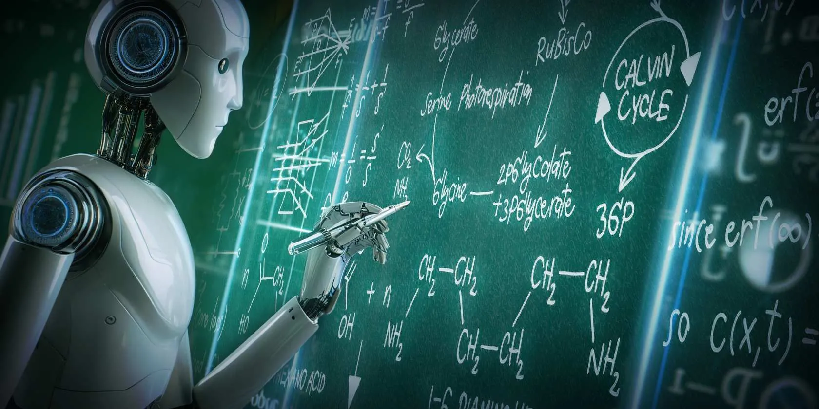 Robot AI đang giải toán phức tạp trên bảng xanh, minh họa khả năng suy luận của trí tuệ nhân tạo