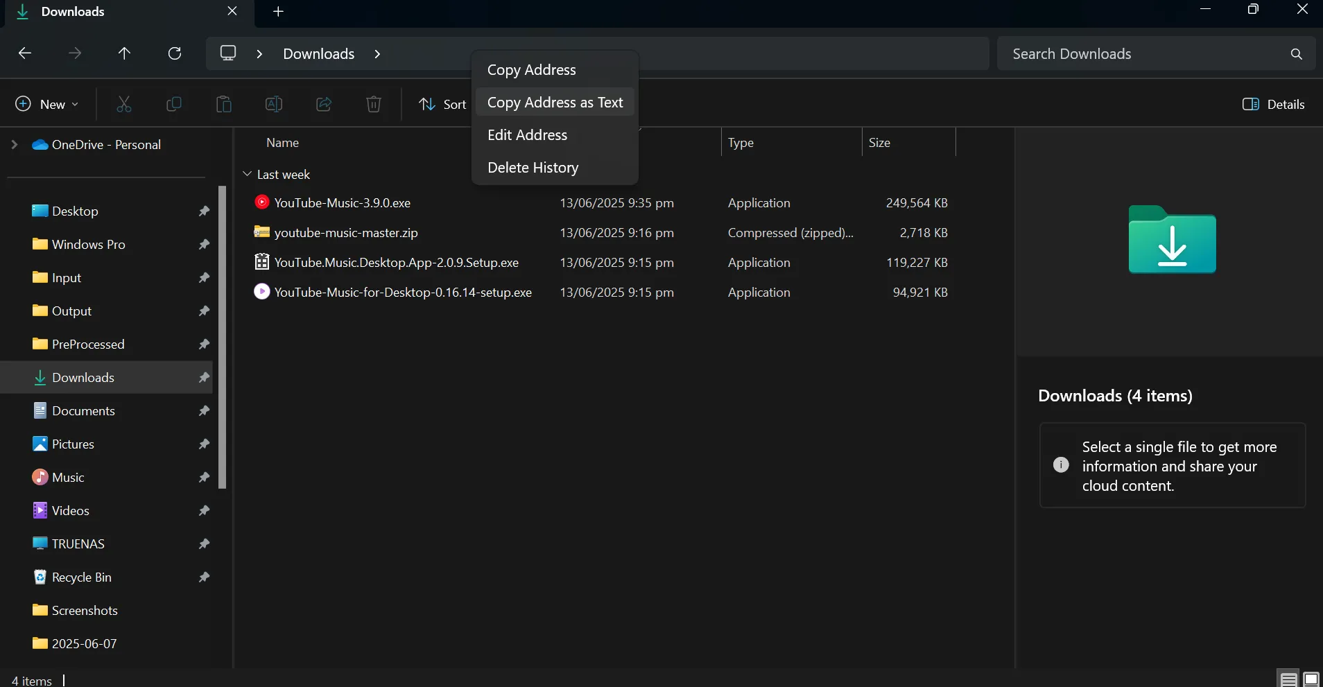 Sao chép đường dẫn thư mục Tải xuống (Downloads) từ File Explorer, bước đầu để cấu hình Windows Sandbox với thư mục được ánh xạ.
