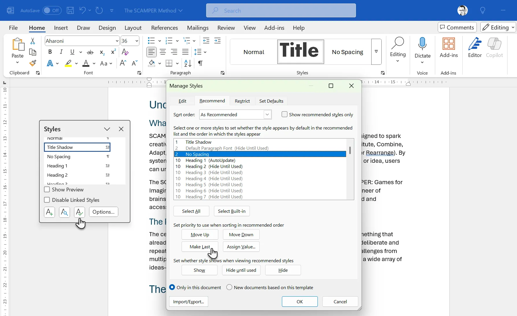 Sắp xếp lại thứ tự hiển thị các Style trong thư viện Styles Gallery của Microsoft Word qua Manage Styles
