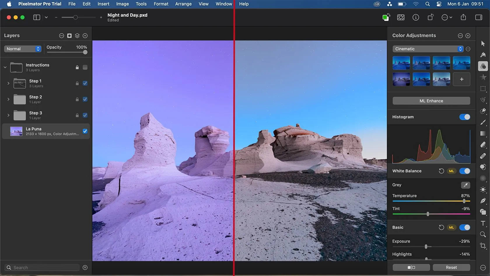 So sánh ảnh trước và sau khi sử dụng tính năng ML Enhance dựa trên AI của Pixelmator Pro, cho thấy sự cải thiện chất lượng hình ảnh
