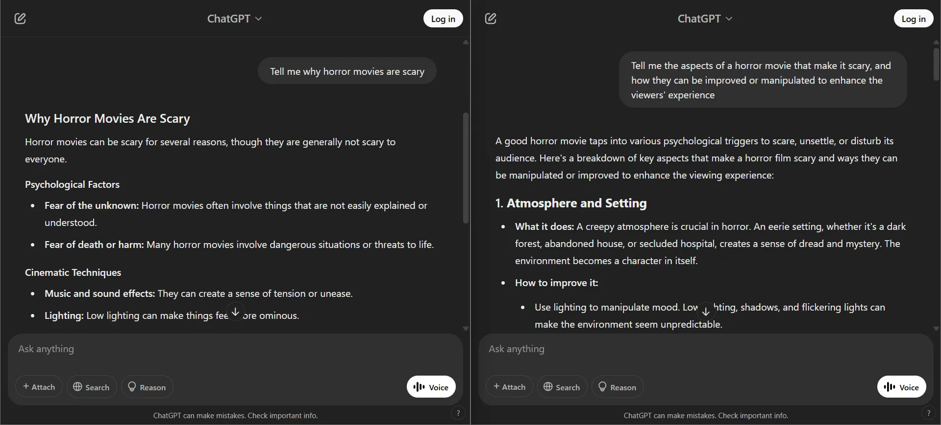 So sánh cách chatbot giải thích sự đáng sợ của phim kinh dị khi được hỏi chung chung và khi được khuyến khích phân tích sâu hơn, từ ví dụ ChatGPT.