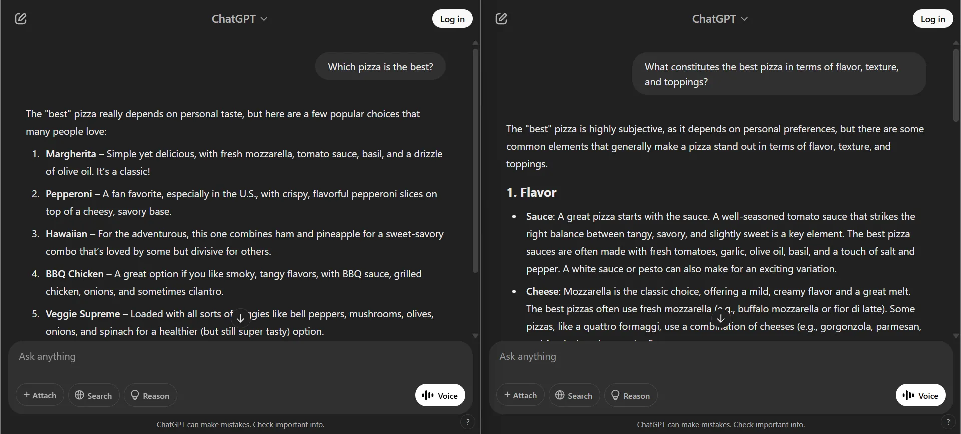 So sánh cách chatbot phản hồi về &quot;pizza ngon nhất&quot; khi được hỏi chung chung và khi có yêu cầu cụ thể về hương vị, kết cấu, topping.