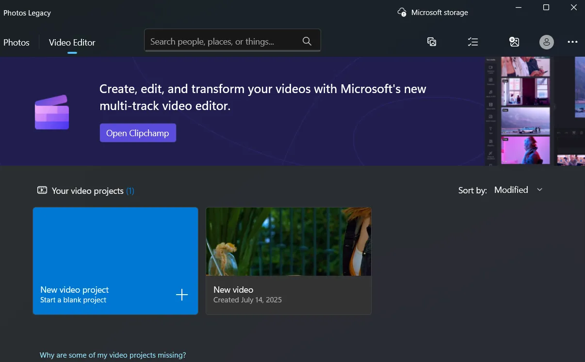Tab chỉnh sửa video trong ứng dụng Ảnh Legacy (Photos Legacy) của Windows