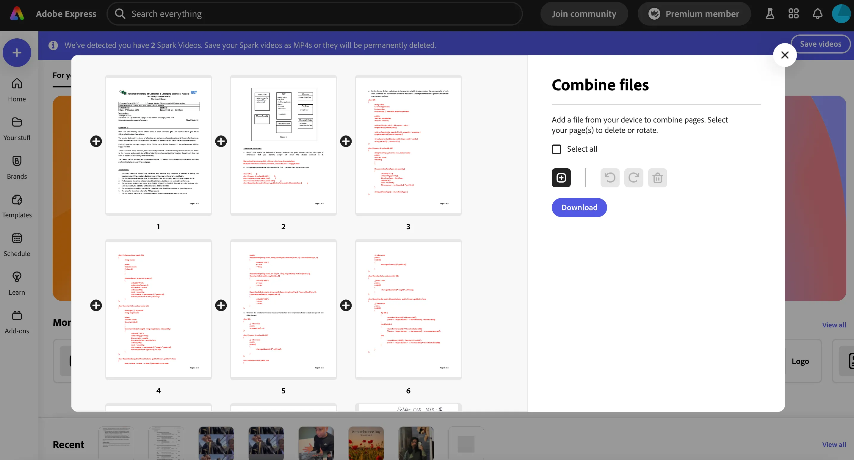 Tác vụ nhanh Kết hợp tệp (Combine Files) trong Adobe Express để gộp nhiều tài liệu thành một PDF.