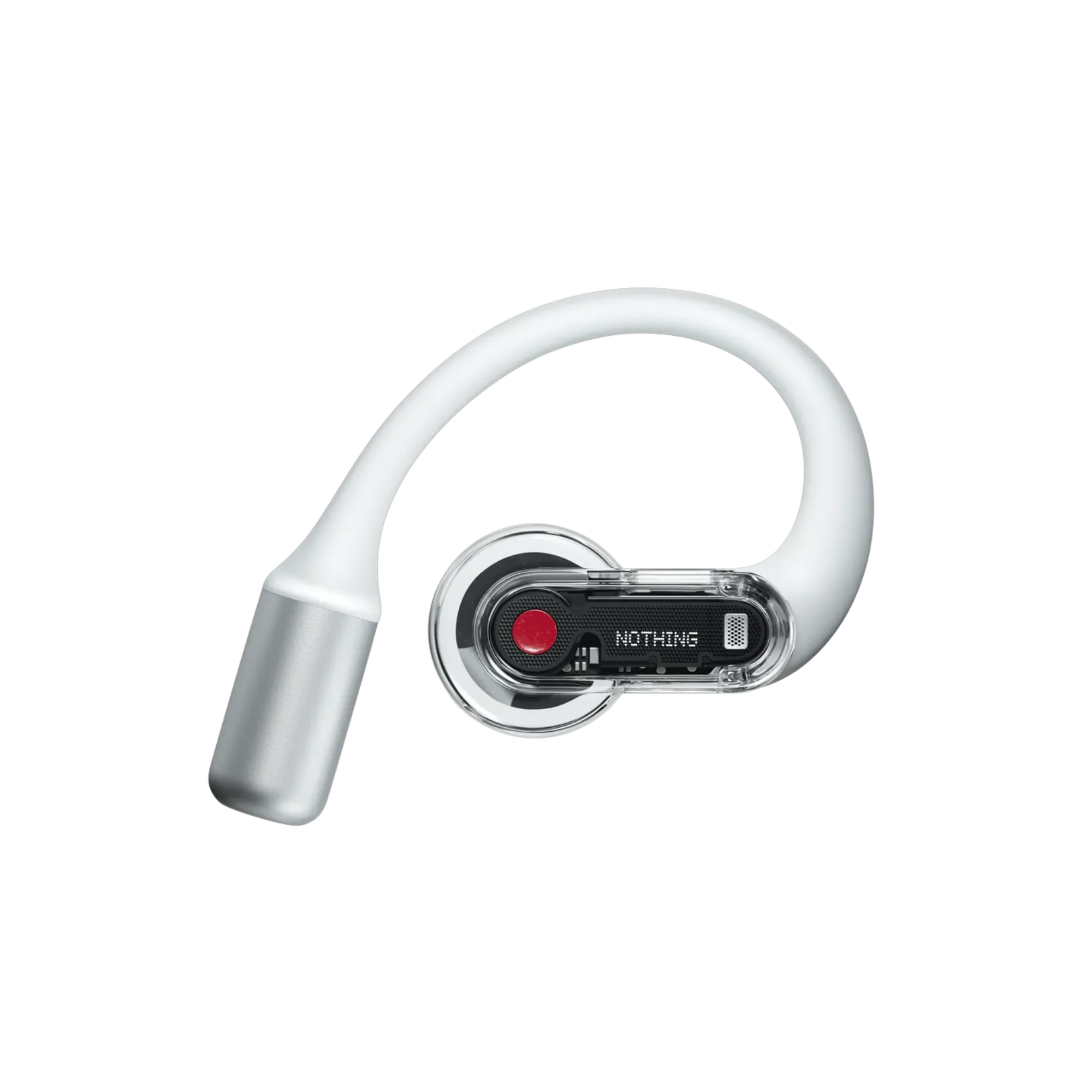 Tai nghe Nothing Ear (open) với thiết kế hở tai hiện đại, đặt trong hộp sạc hình chữ nhật trong suốt.