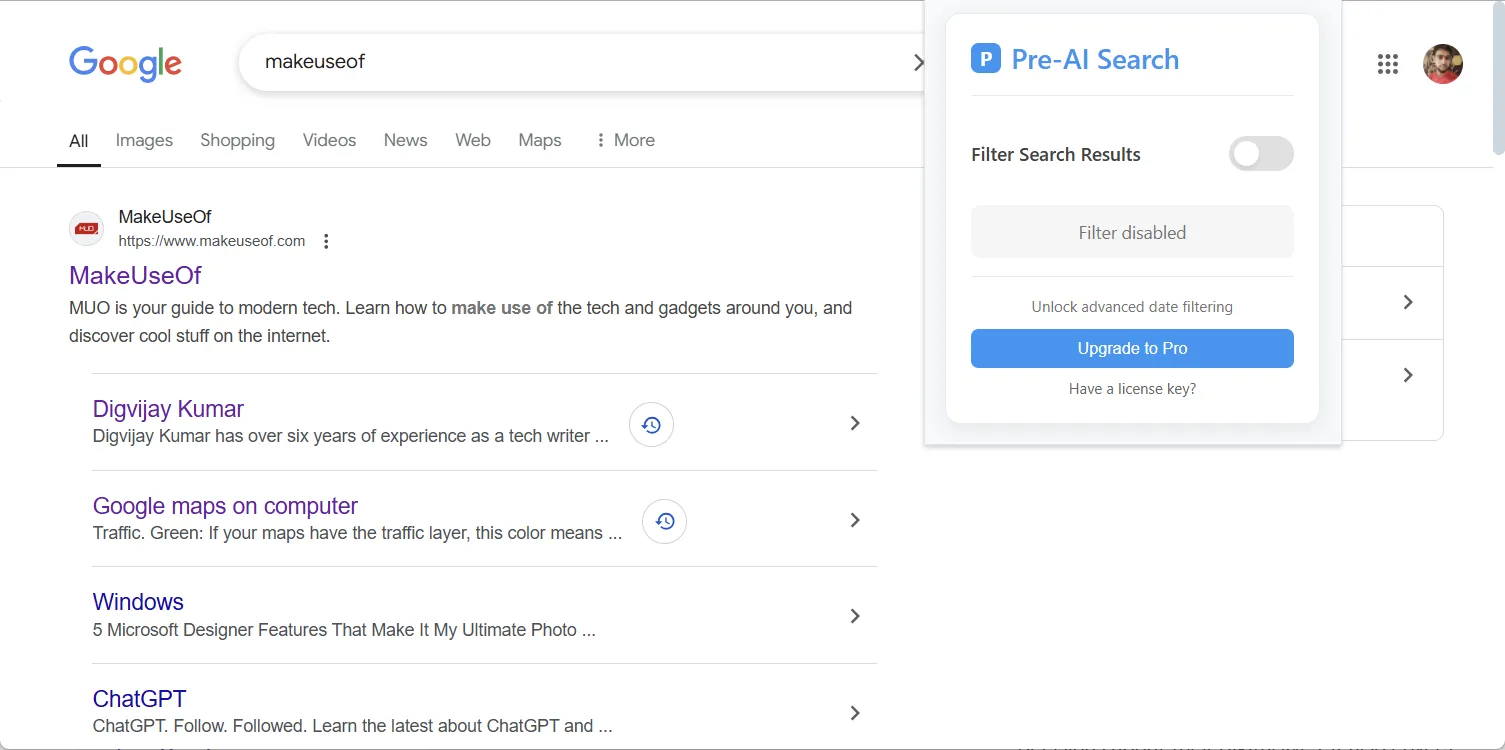 Tắt Pre-AI Search để xem các kết quả gần đây