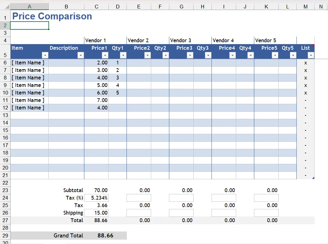 template so sánh giá excel