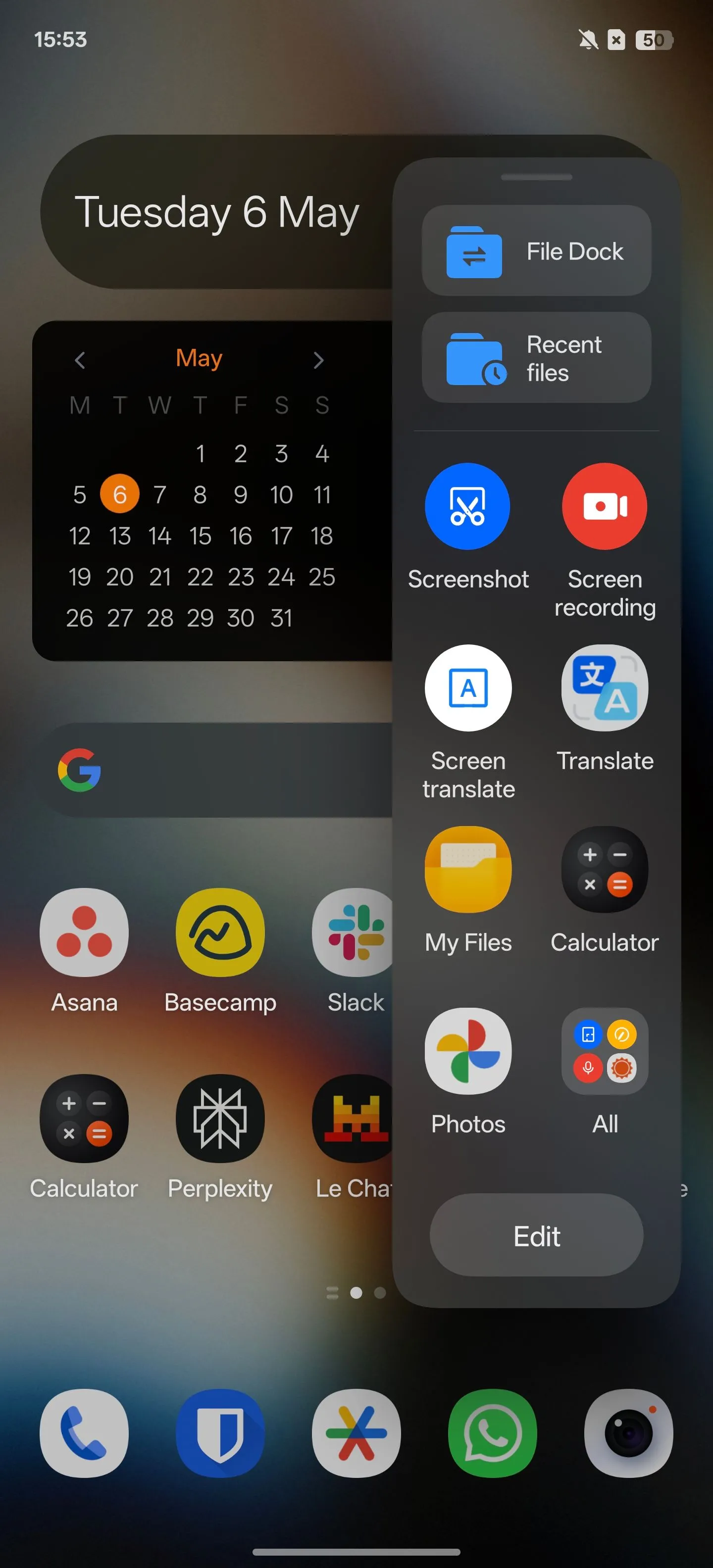 Thanh bên thông minh (Smart Sidebar) đang hoạt động trên màn hình chính của điện thoại OnePlus.