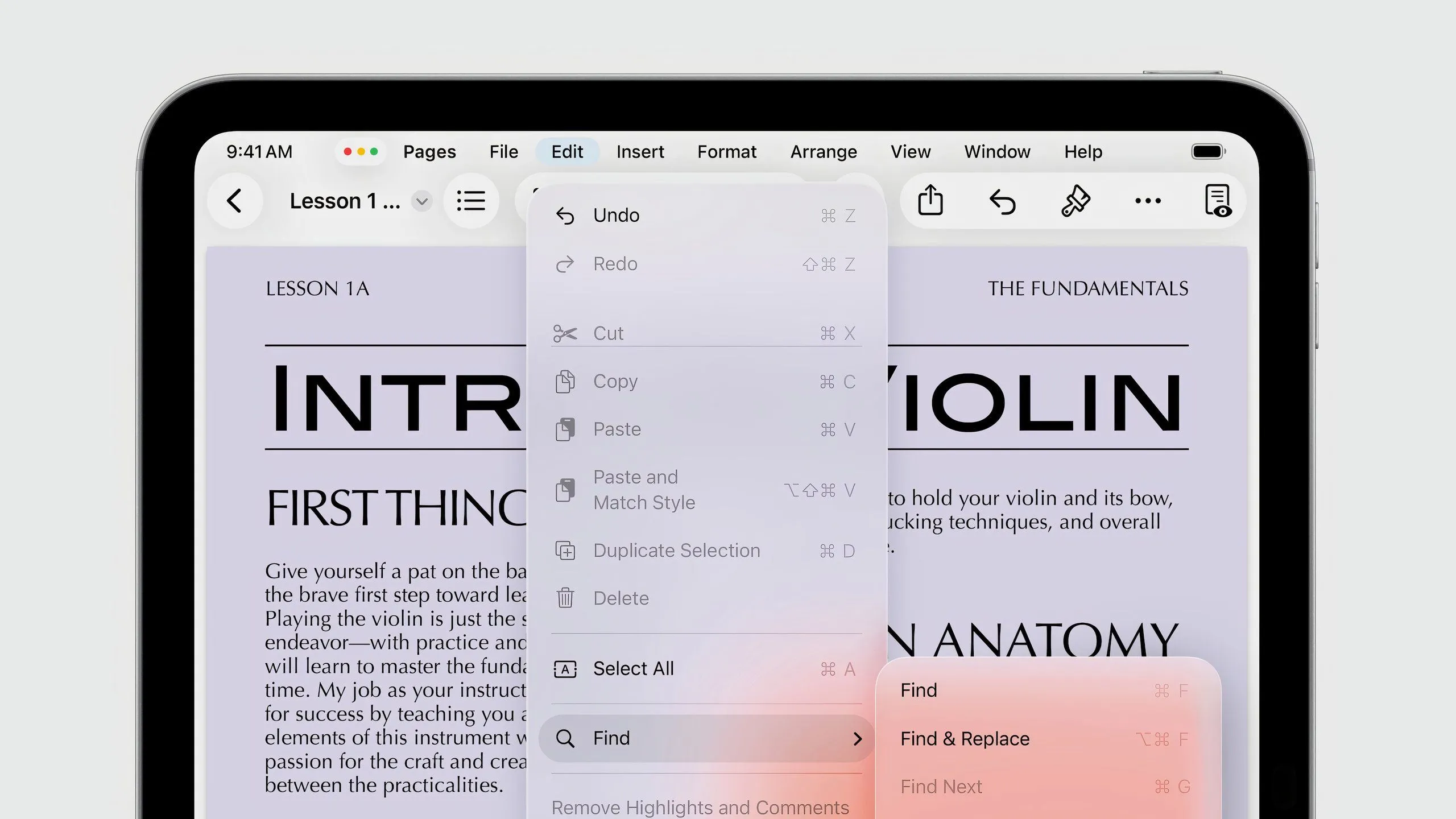 Thanh Menu Bar mới trên iPadOS 26 hiển thị các tùy chọn chỉnh sửa, chèn và định dạng