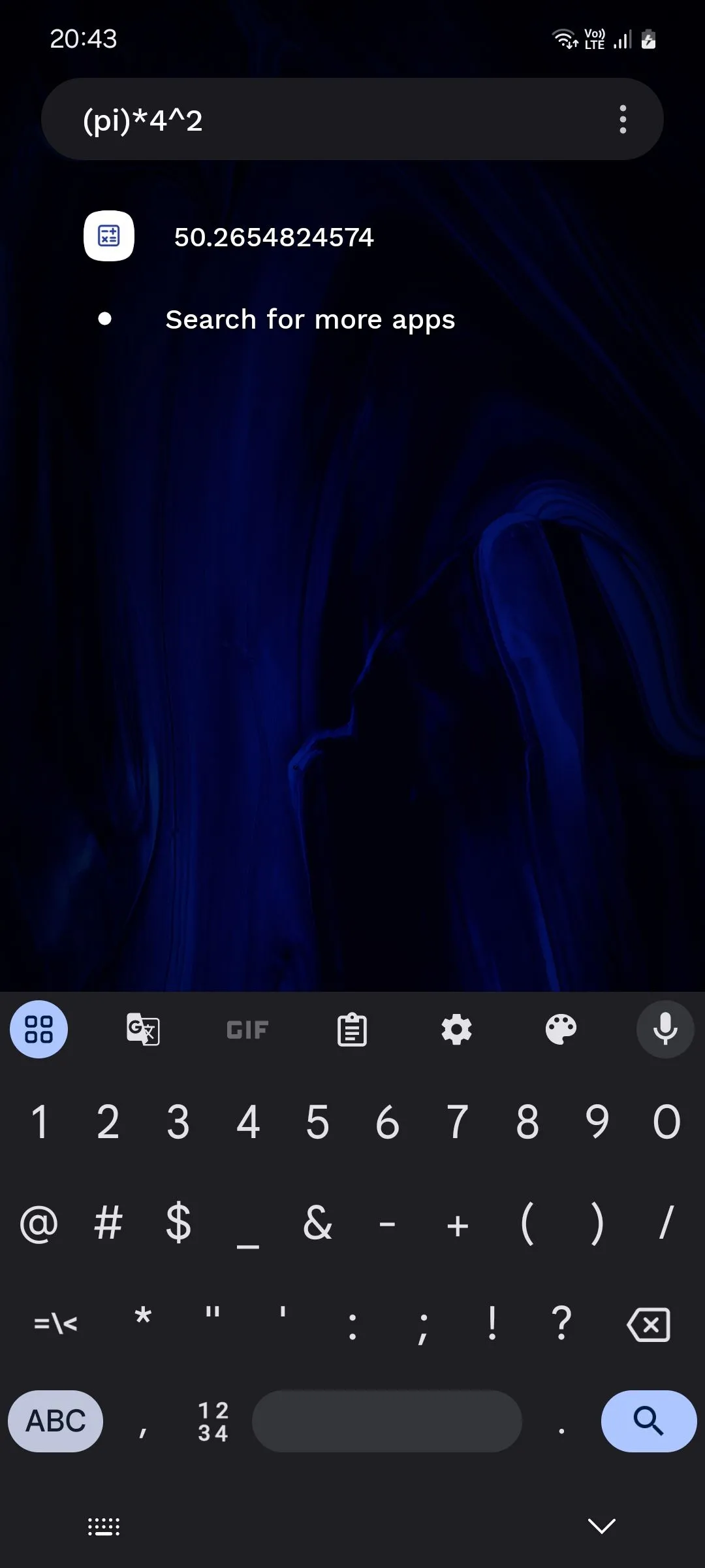 Thanh tìm kiếm tích hợp máy tính trên Niagara Launcher, cho phép thực hiện các phép tính cơ bản ngay từ màn hình chính.