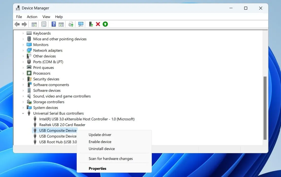 Thao tác bật lại driver USB bị lỗi trong Device Manager của Windows