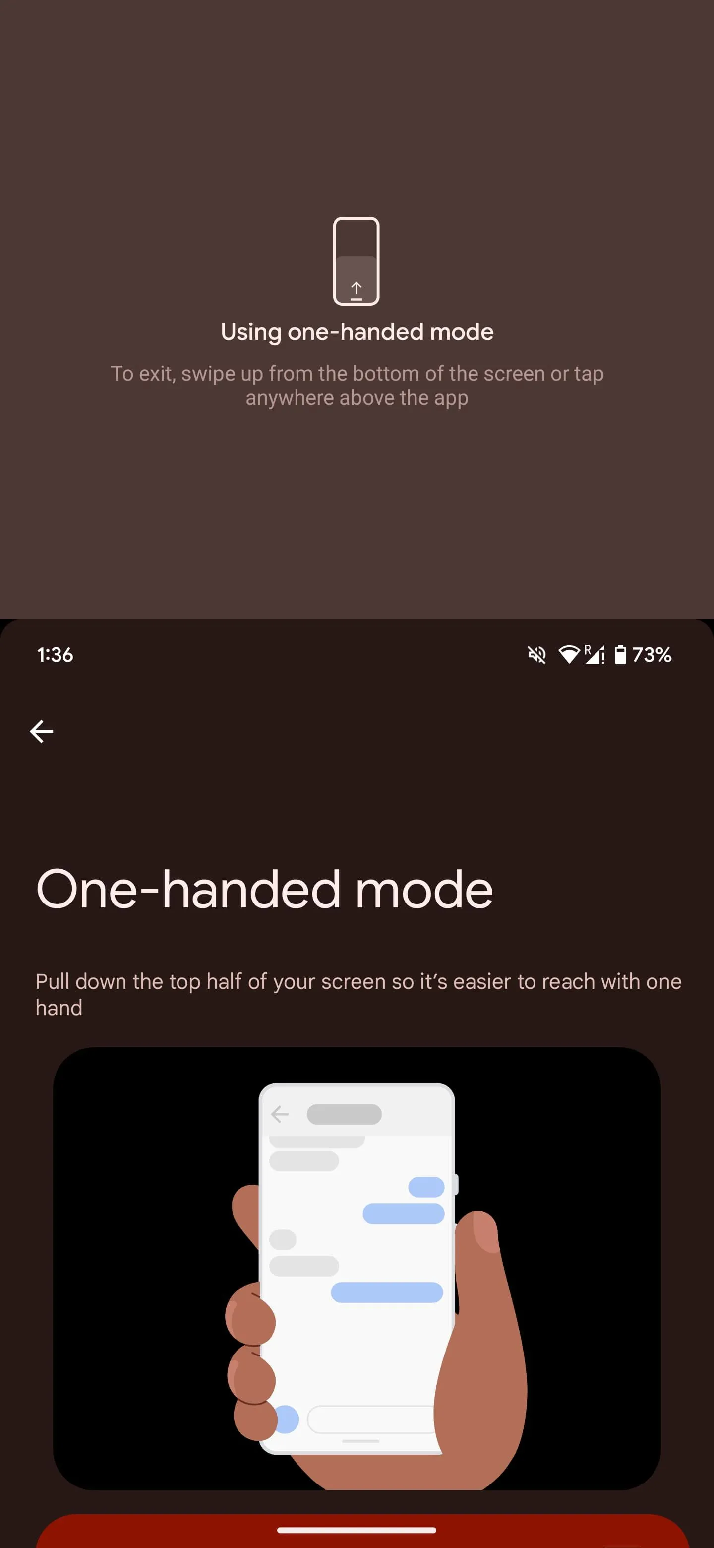 Thao tác kéo màn hình xuống từ cạnh dưới để kích hoạt Chế độ Một tay trên Android.