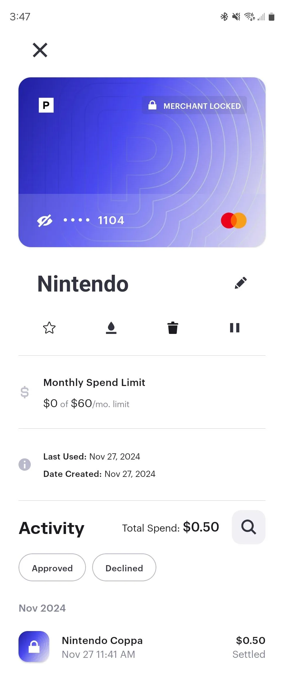 Thẻ thanh toán tạm thời cho Nintendo được tạo qua ứng dụng Privacy trên điện thoại Android, tăng cường an toàn giao dịch.