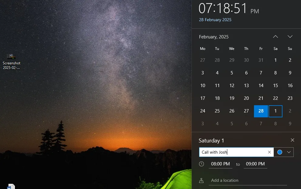 Thêm sự kiện trực tiếp từ lịch tích hợp trên thanh Taskbar Windows 10