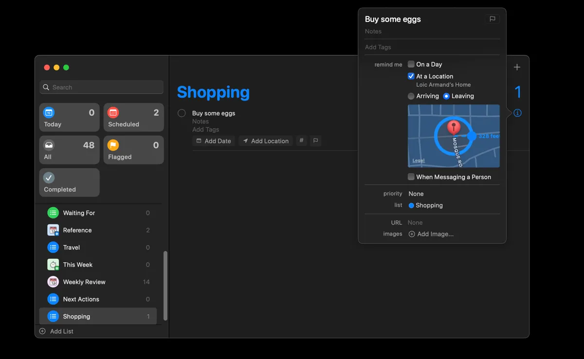 Thiết lập nhắc nhở dựa trên địa điểm trong Apple Reminders trên máy Mac, tự động thông báo khi đến hoặc rời một vị trí cụ thể