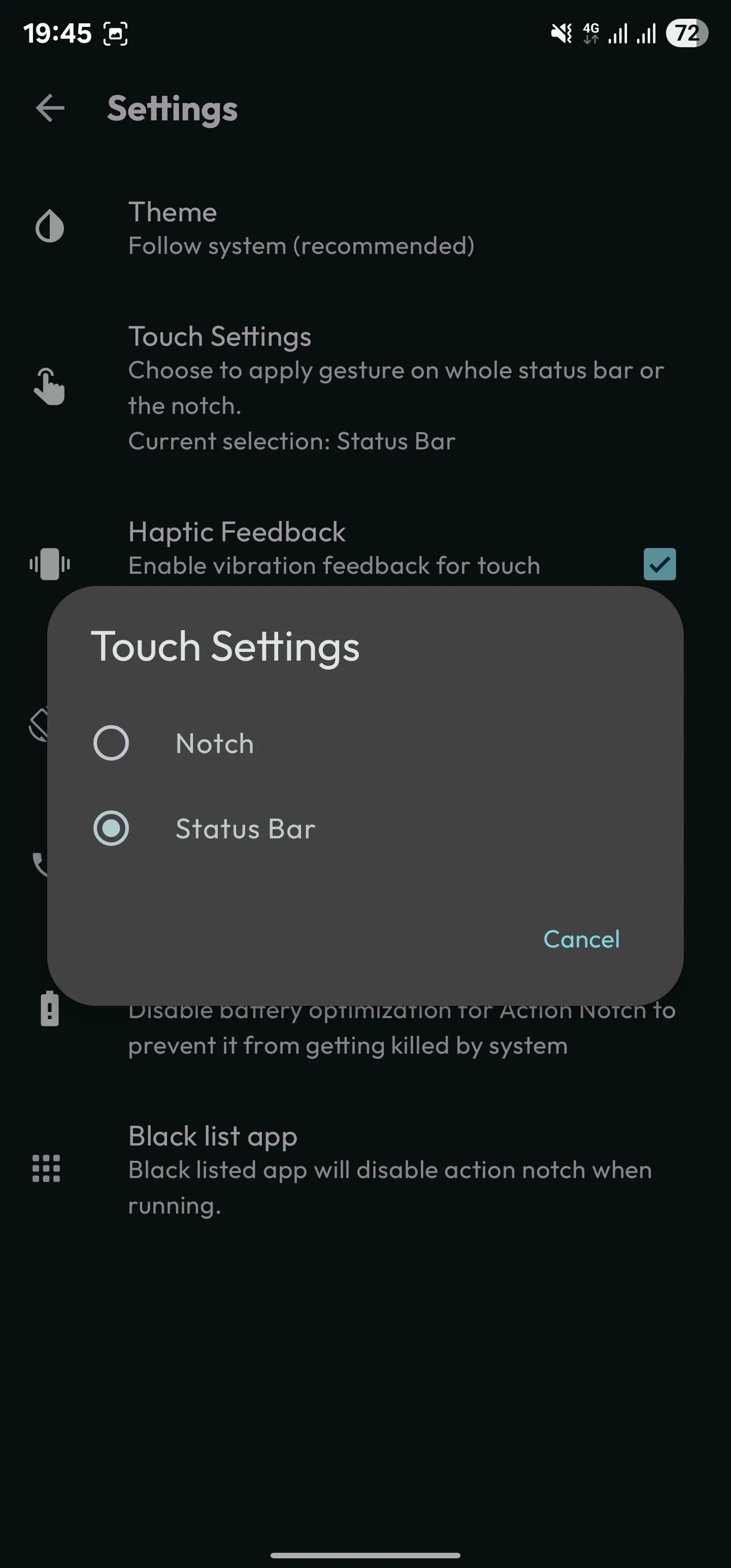 Thiết lập Touch Settings trong Action Notch để mở rộng vùng tương tác ra thanh trạng thái.