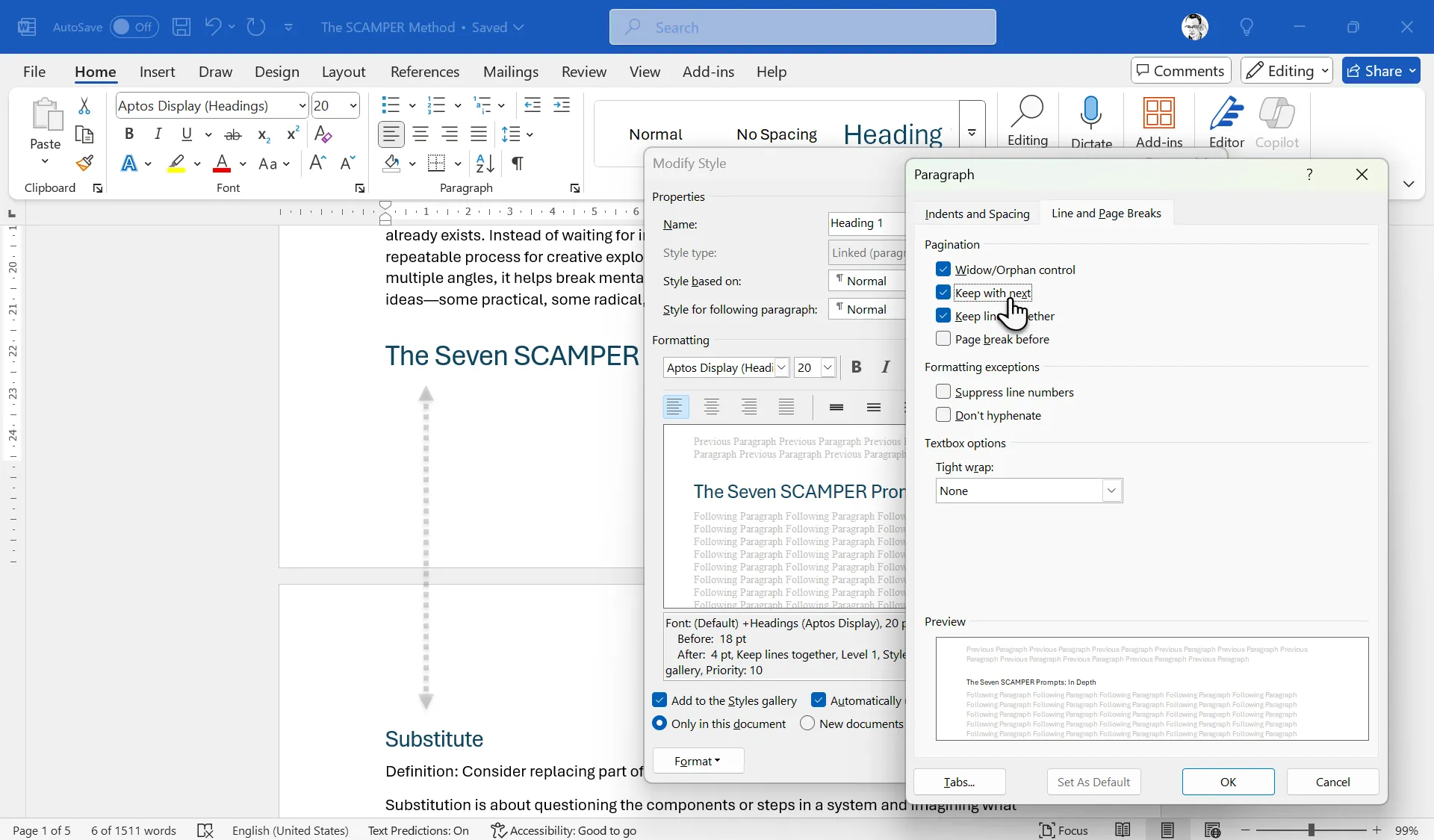 Thiết lập tùy chọn "Keep with Next" trong hộp thoại Paragraph Settings của Microsoft Word Styles