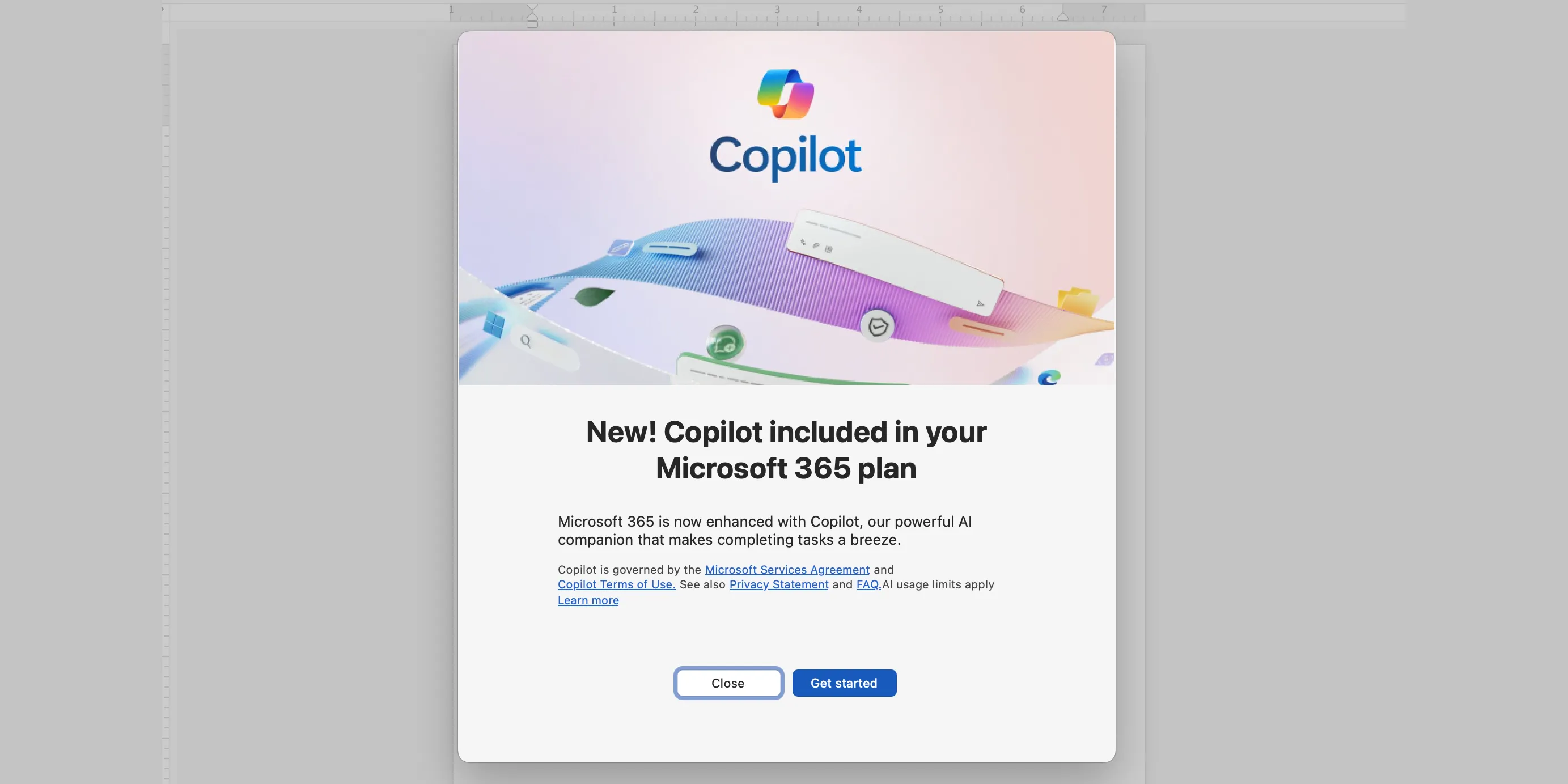 Thông báo cập nhật Copilot AI trên giao diện ứng dụng Microsoft Word