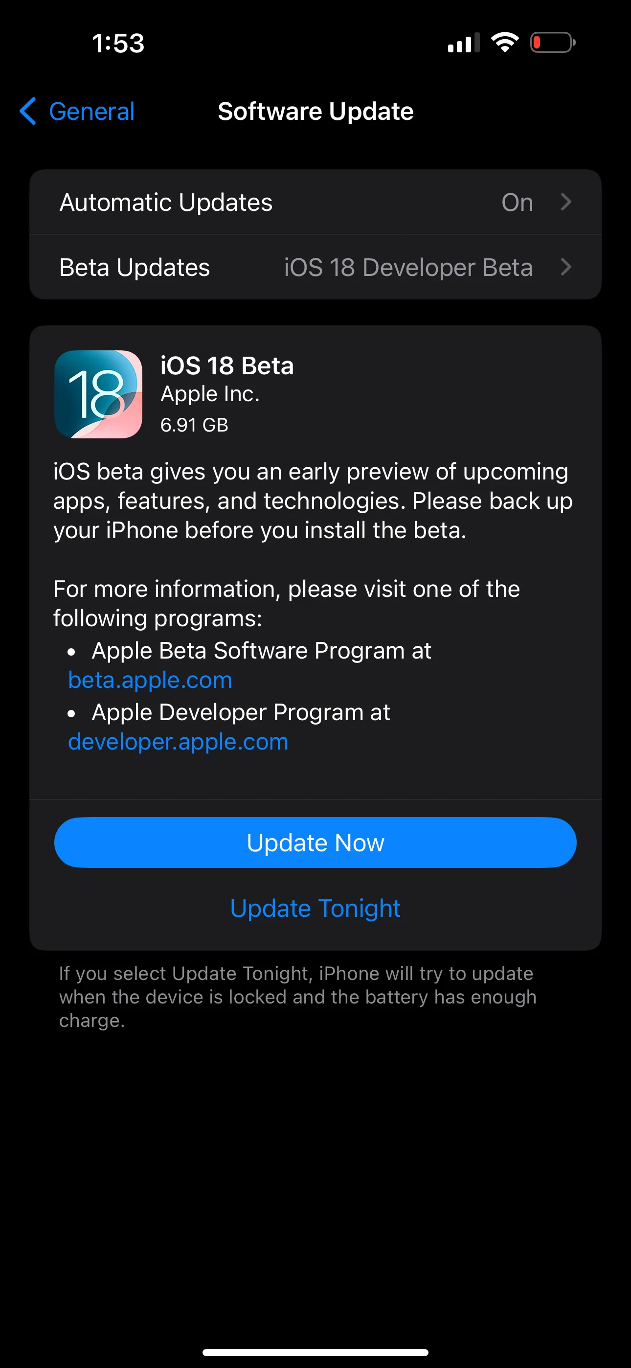 Thông báo cập nhật iOS 18 Beta hiển thị trên iPhone