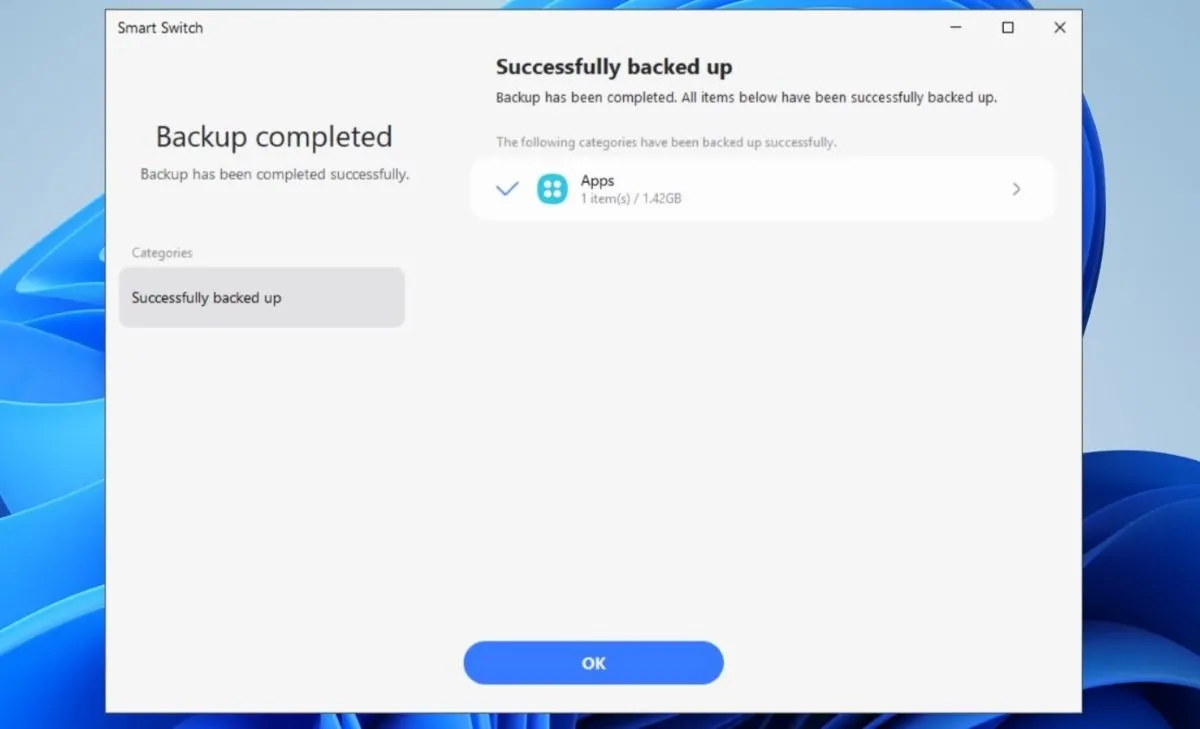 Thông báo hoàn tất sao lưu Thư mục Bảo mật trên ứng dụng Smart Switch máy tính