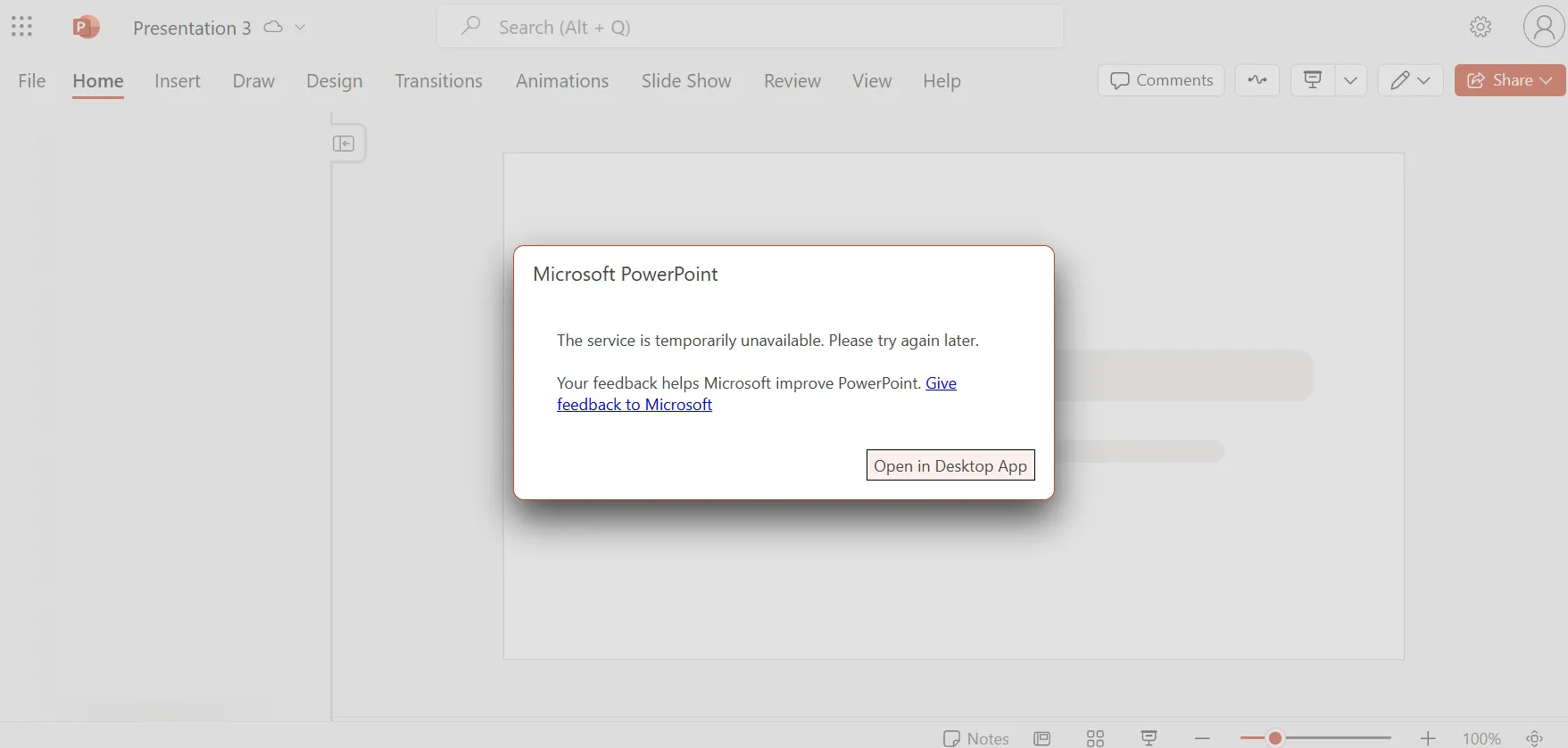Thông báo lỗi trên PowerPoint Online khi người dùng cố gắng mở mẫu thuyết trình, yêu cầu ứng dụng máy tính.