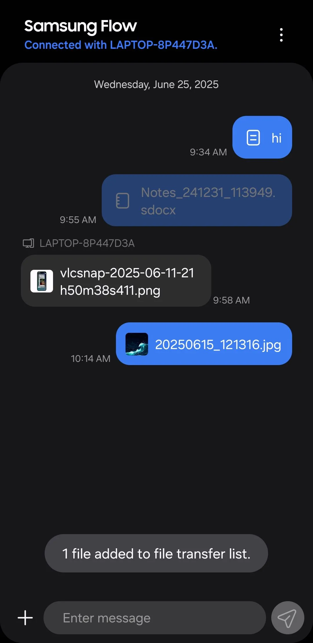 Thông báo tập tin đã được gửi qua Samsung Flow từ điện thoại