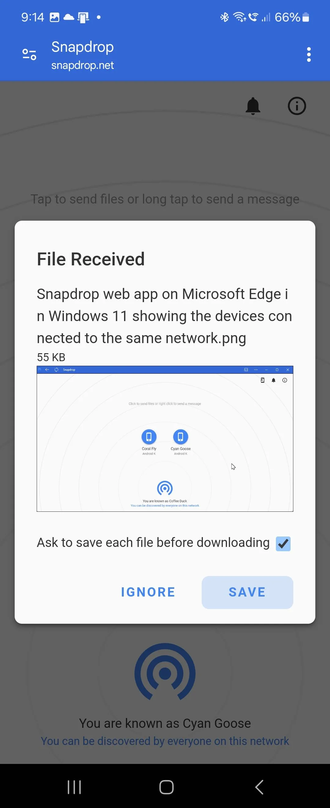Thông báo tệp đã nhận trên điện thoại Android từ ứng dụng web Snapdrop
