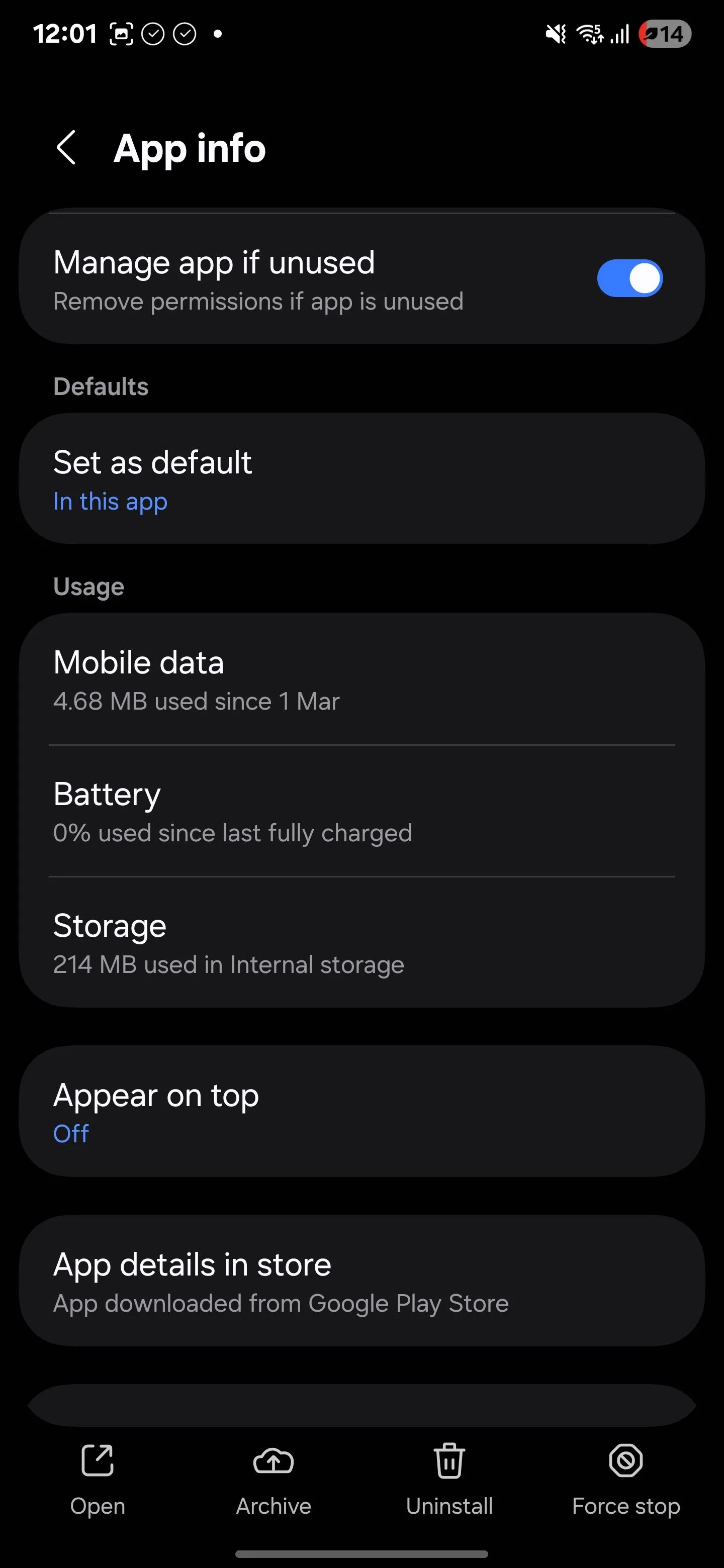 Thông tin chi tiết ứng dụng trong cài đặt Android