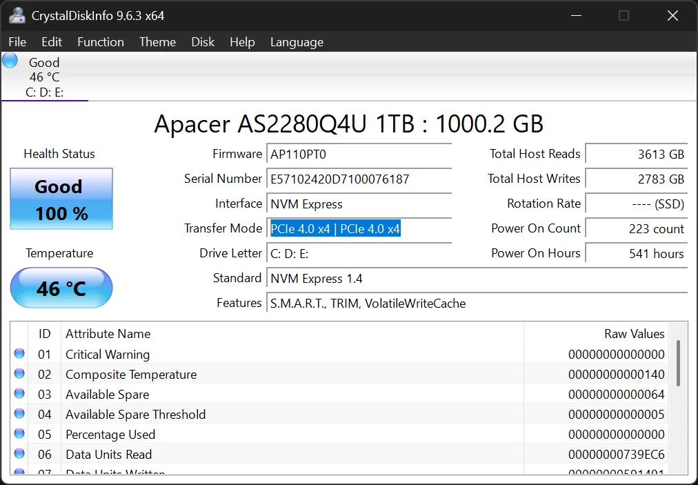 Thông tin về chế độ PCIe của ổ cứng NVMe SSD được đánh dấu trong giao diện phần mềm CrystalDiskInfo, hiển thị trạng thái kết nối hiện tại.