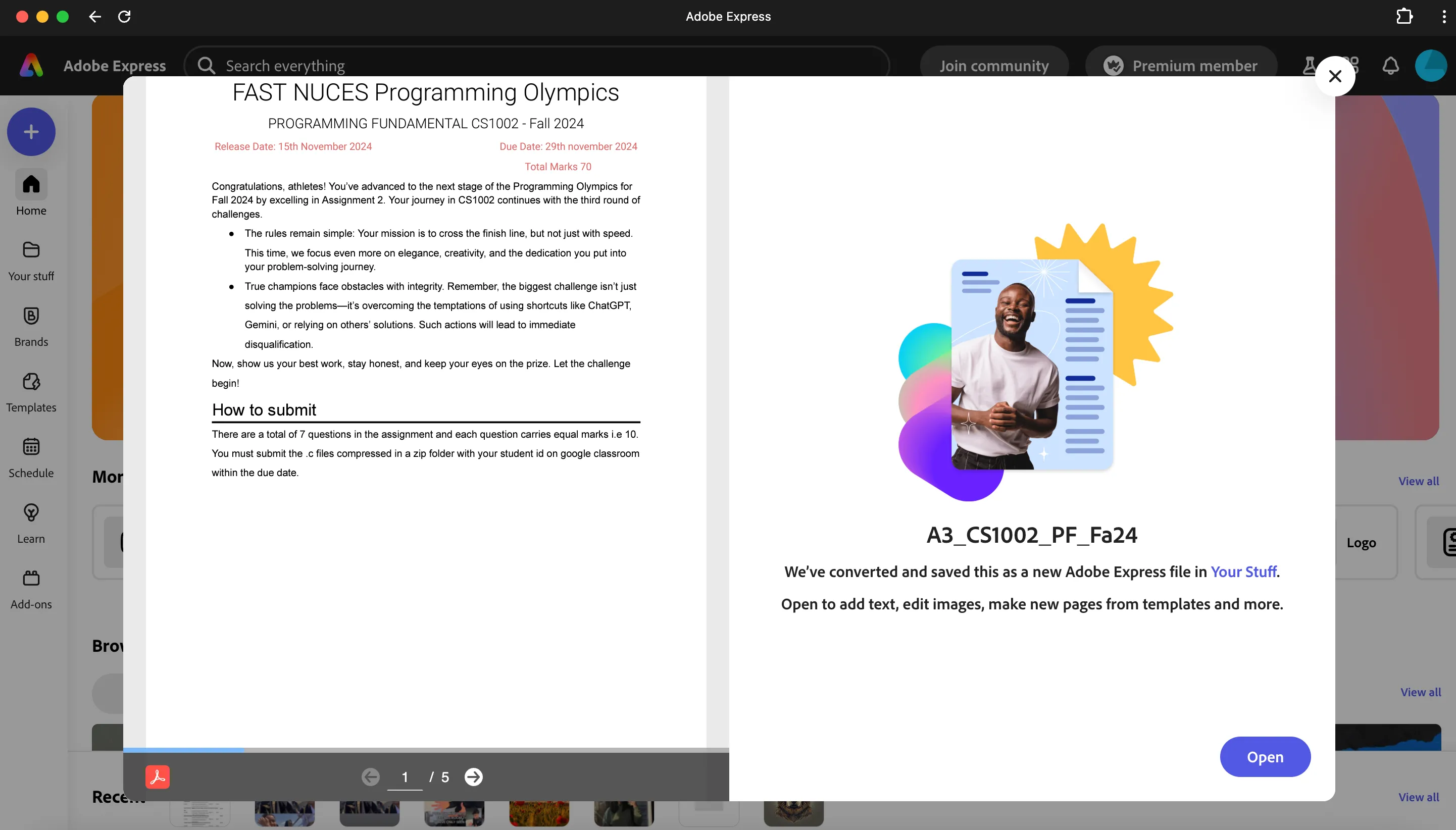 Tính năng chỉnh sửa PDF (Edit PDF) trong Adobe Express, hiển thị giao diện chọn tệp.