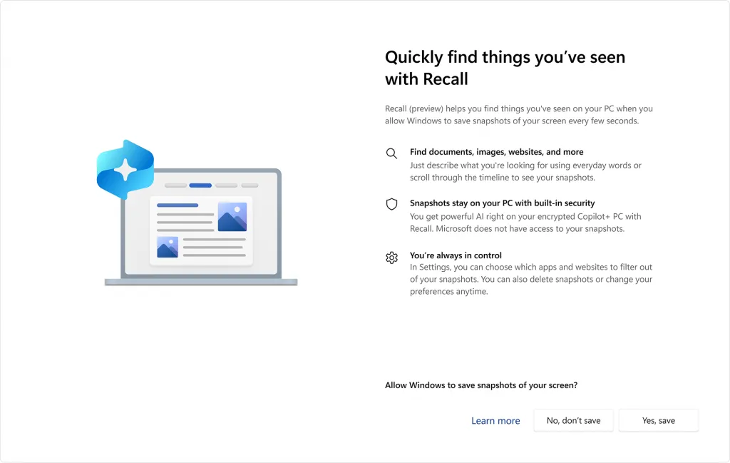 Tính năng Microsoft Recall hiển thị các tùy chọn tìm kiếm và quản lý dữ liệu