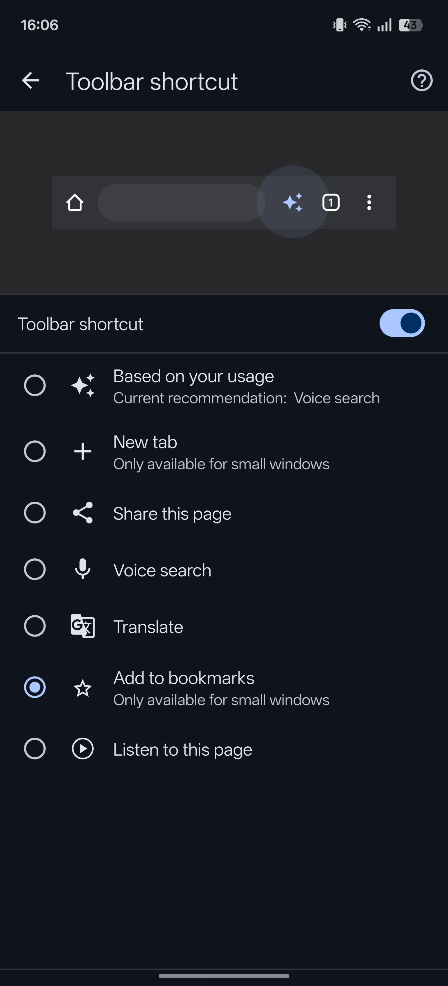 Tính năng &quot;Phím tắt trên thanh công cụ&quot; được bật trong Chrome Android, với tùy chọn &quot;Thêm vào dấu trang&quot;.
