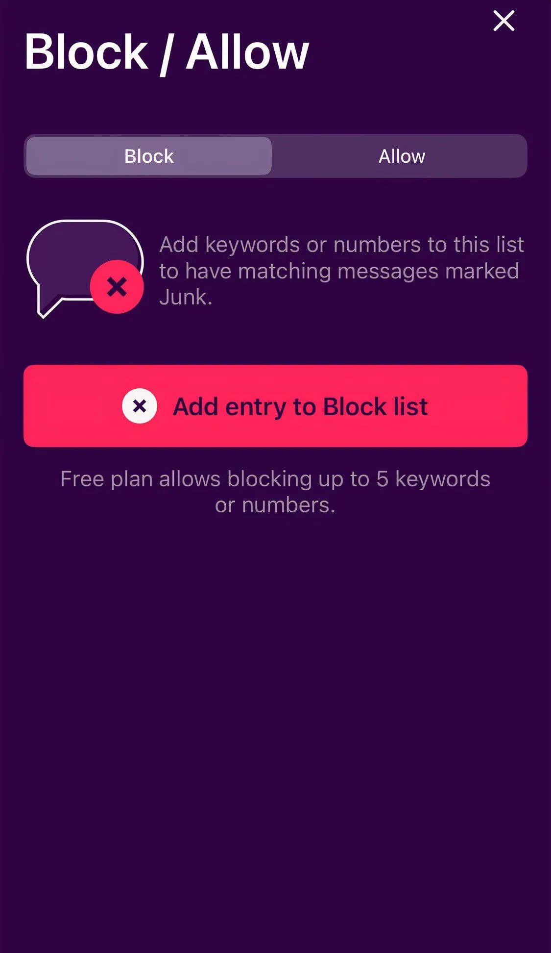 Tính năng quản lý tin nhắn trong ứng dụng TextKiller, cho phép chặn hoặc cho phép các tin nhắn đến.